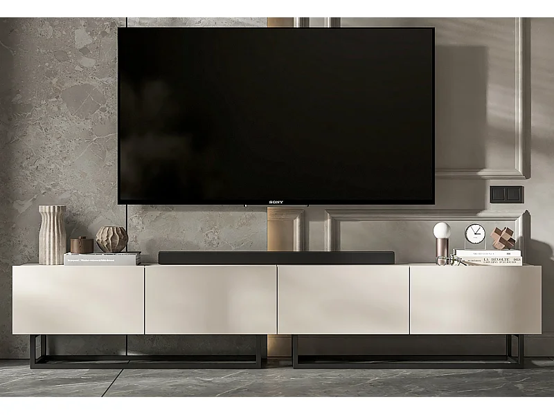 Meuble TV avec 4 portes - corps Cachemire mat, façades Cachemire mat - 240 cm, Cadre en métal noir