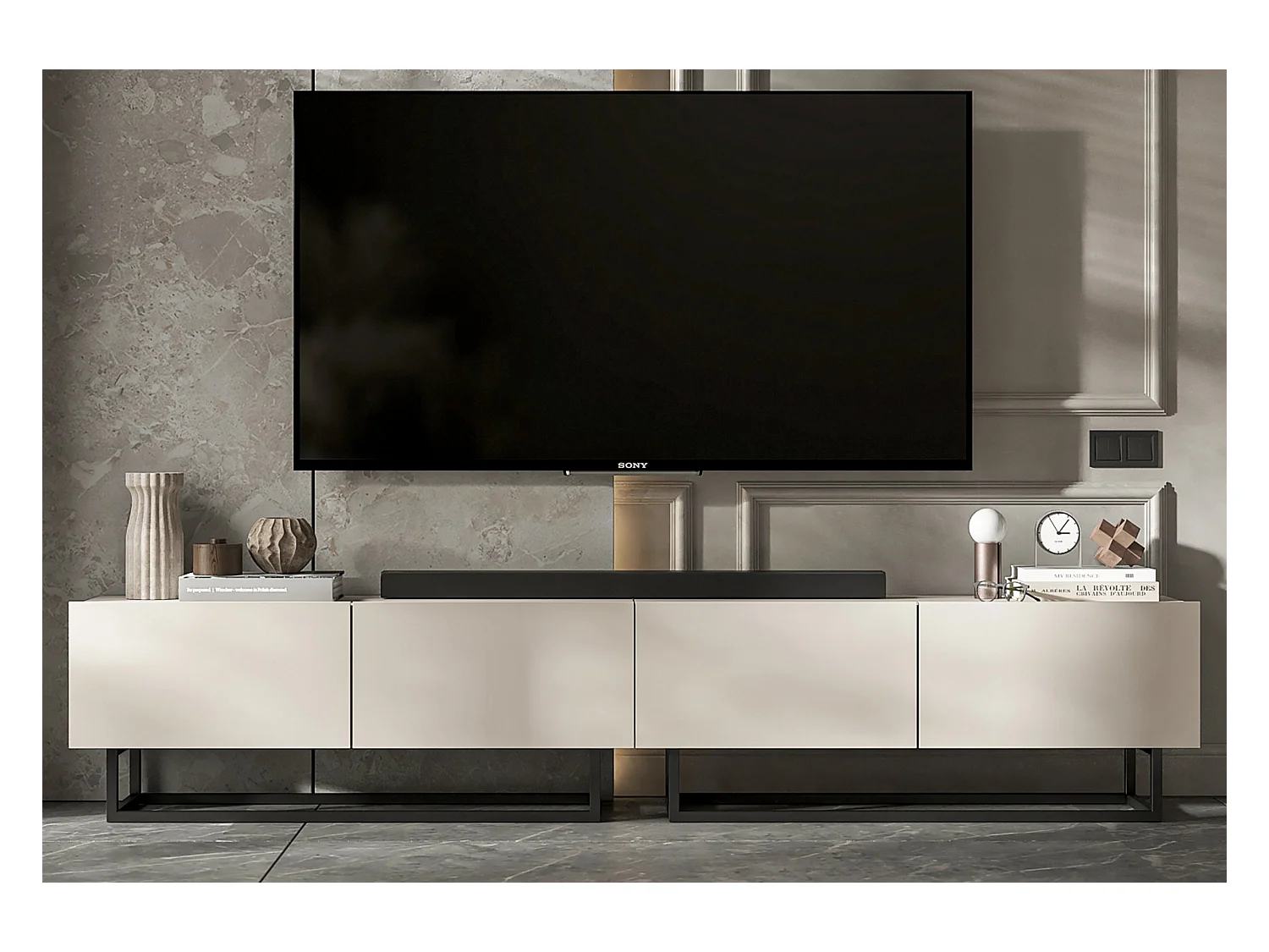 Meuble TV avec 4 portes - corps Cachemire mat, façades Cachemire mat - 240 cm, Cadre en métal noir