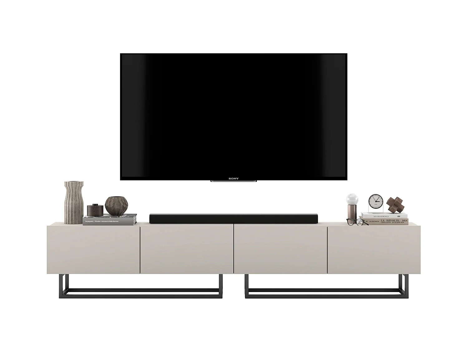 Meuble TV avec 4 portes - corps Cachemire mat, façades Cachemire mat - 240 cm, Cadre en métal noir