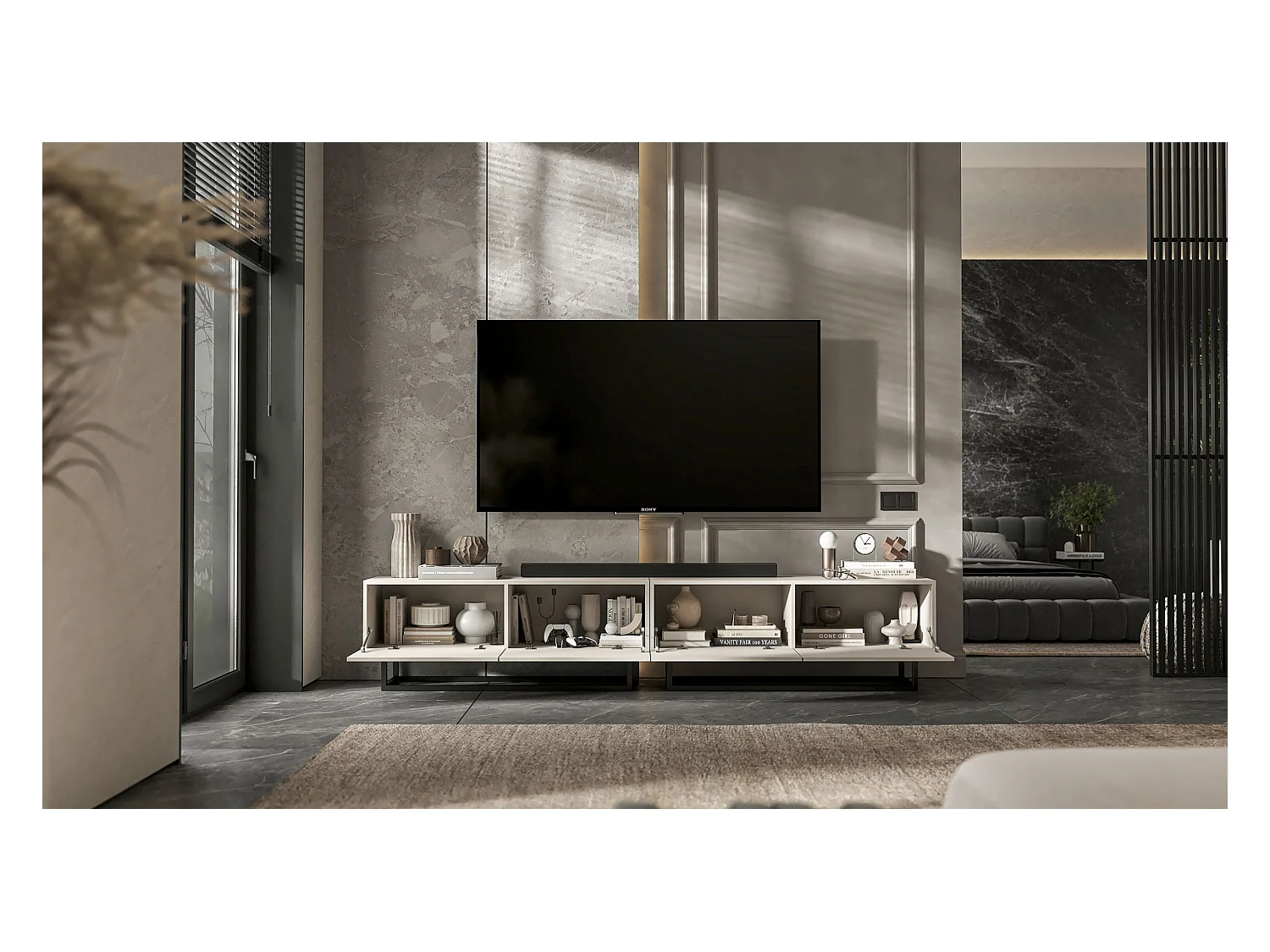 Meuble TV avec 4 portes - corps Cachemire mat, façades Cachemire mat - 240 cm, Cadre en métal noir