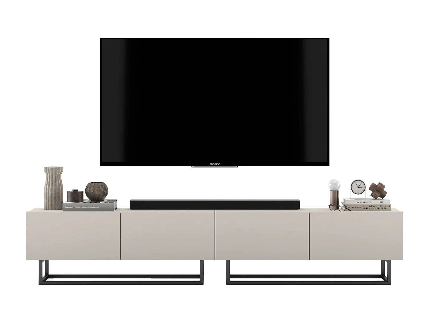 Meuble TV avec 4 portes - corps Cachemire mat, façades Cachemire mat - 240 cm, Cadre en métal noir