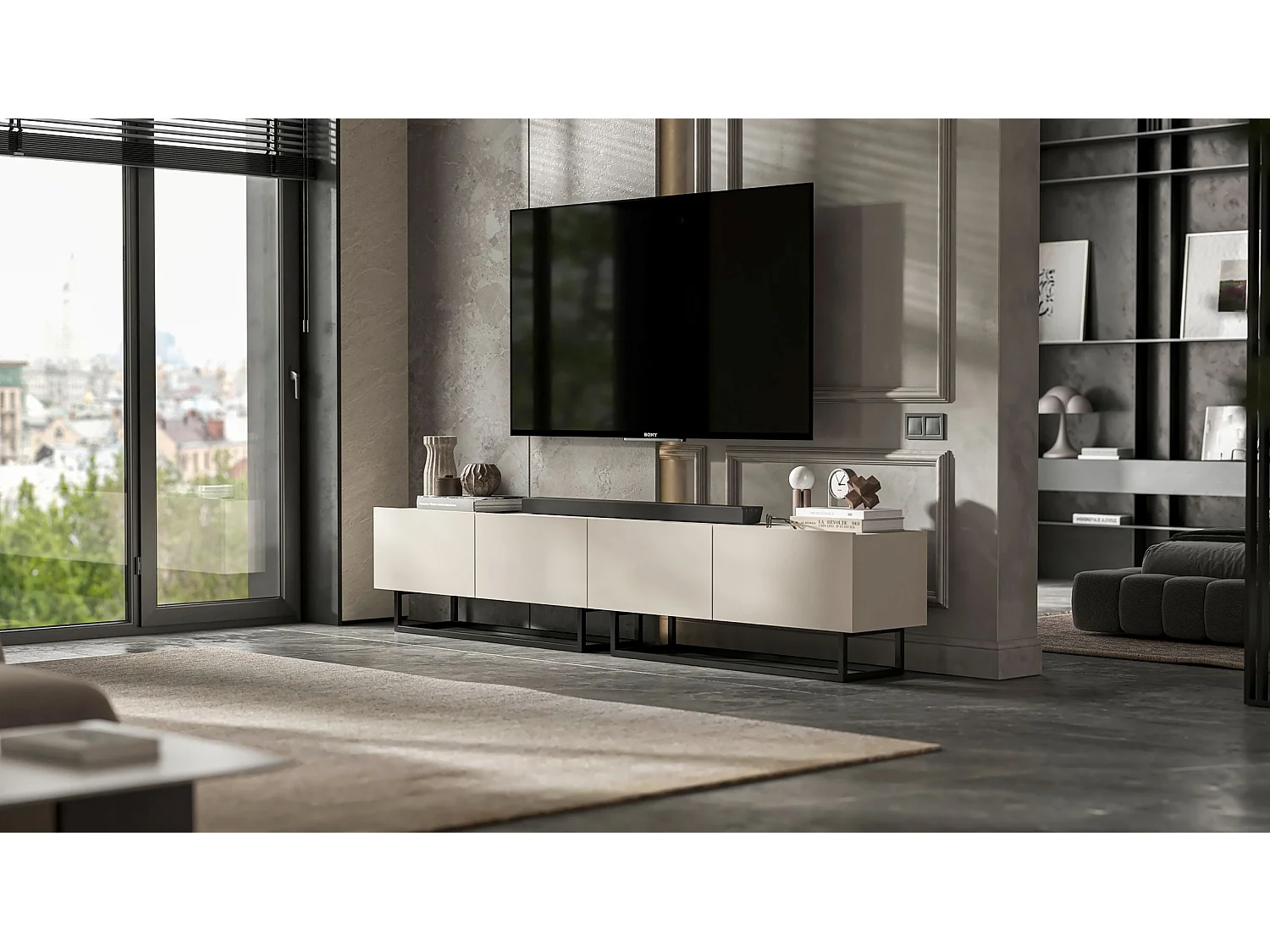 Meuble TV avec 4 portes - corps Cachemire mat, façades Cachemire mat - 240 cm, Cadre en métal noir