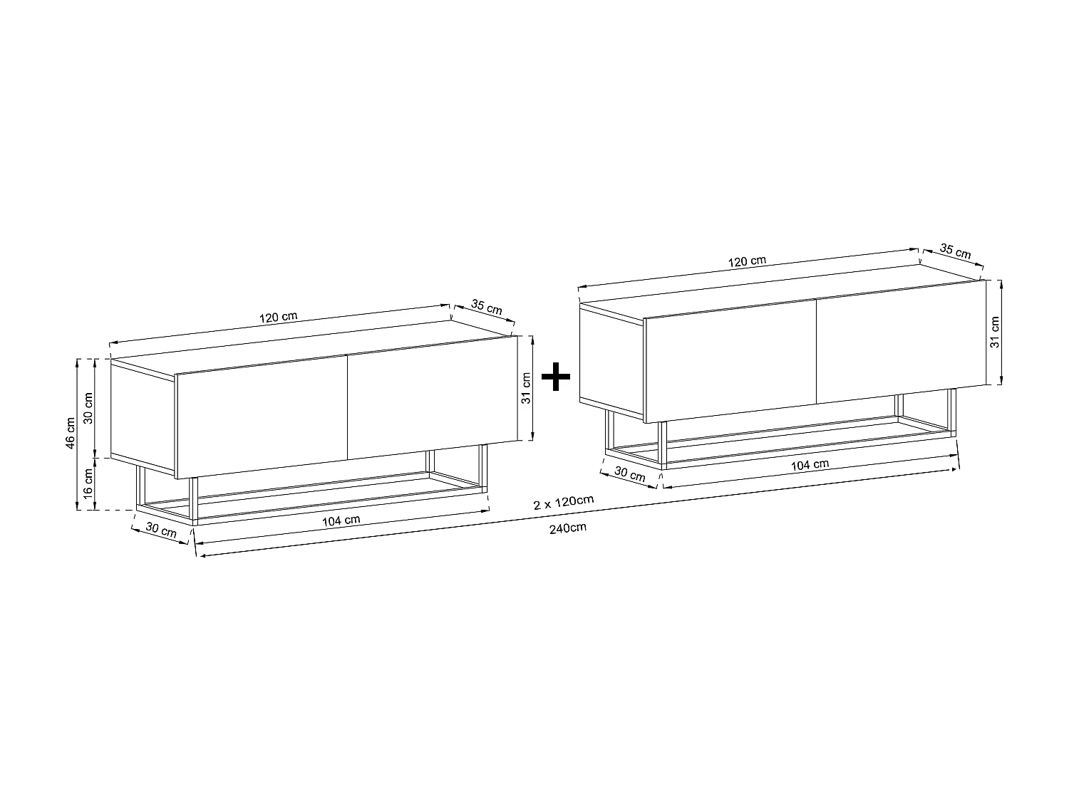 Meuble TV avec 4 portes - corps Cachemire mat, façades Cachemire mat - 240 cm, Cadre en métal noir
