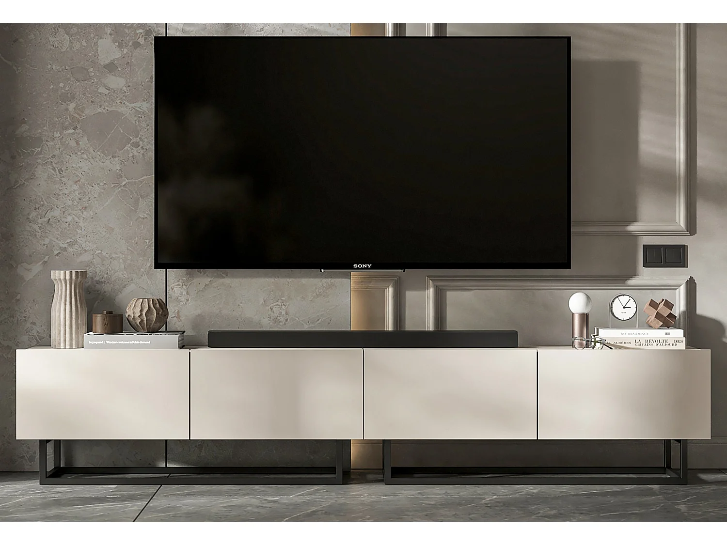 Móvel de TV com 4 portas - corpo Caxemira fosco, frentes Caxemira fosco - 240 cm, estrutura em metal preto
