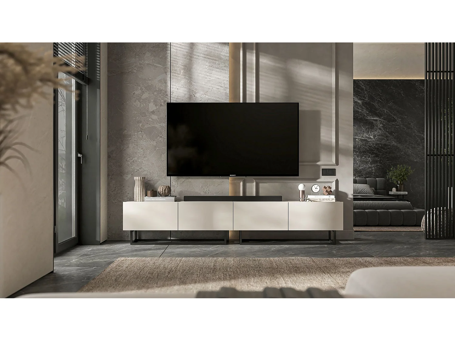 Móvel de TV com 4 portas - corpo Caxemira fosco, frentes Caxemira fosco - 240 cm, estrutura em metal preto