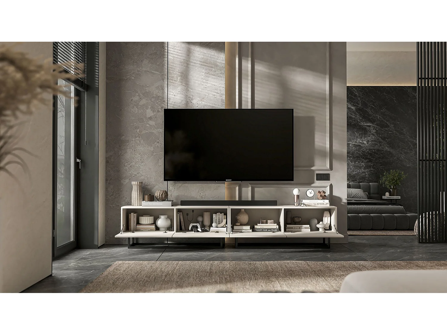 Móvel de TV com 4 portas - corpo Caxemira fosco, frentes Caxemira fosco - 240 cm, estrutura em metal preto