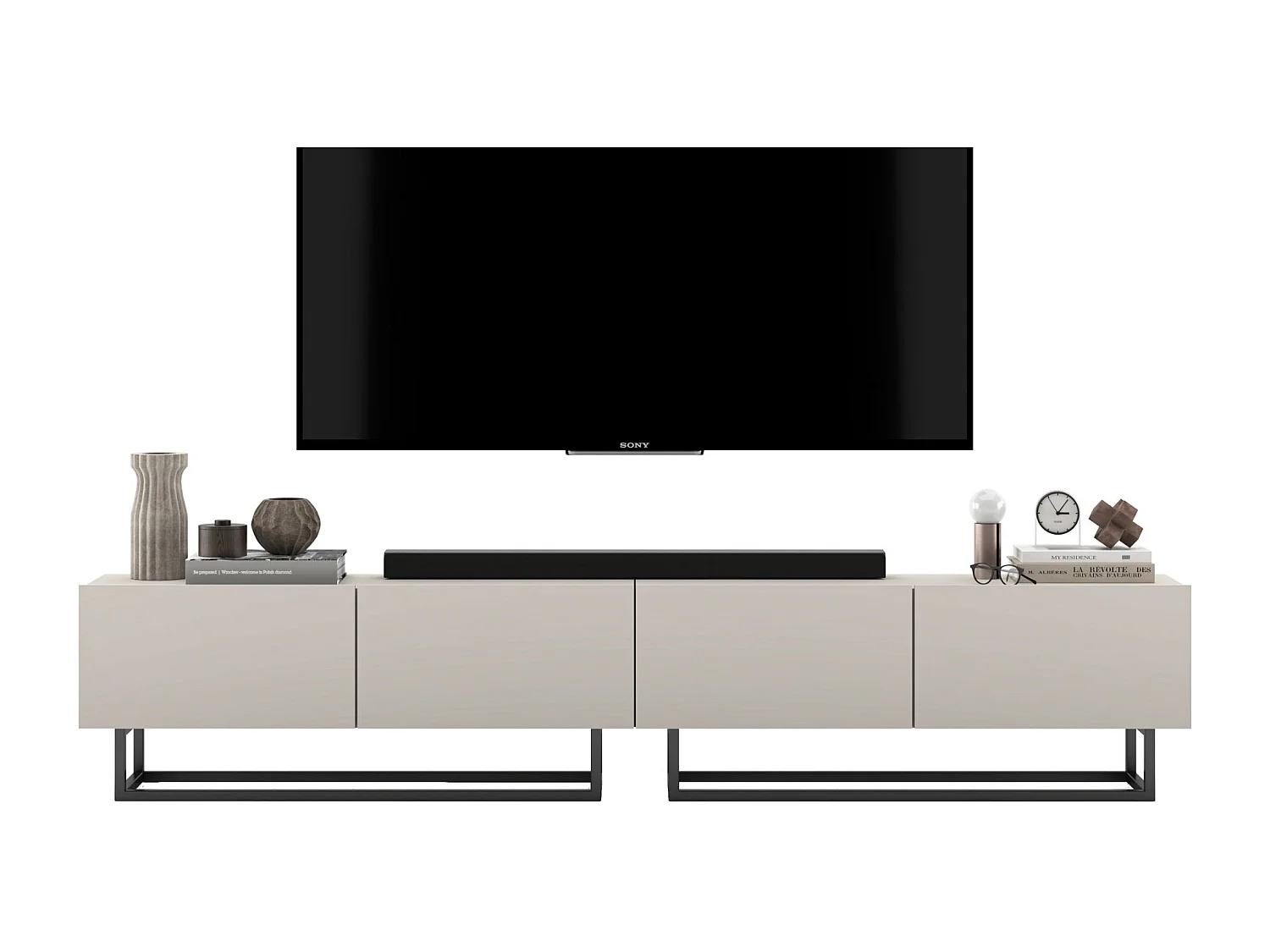 Móvel de TV com 4 portas - corpo Caxemira fosco, frentes Caxemira fosco - 240 cm, estrutura em metal preto