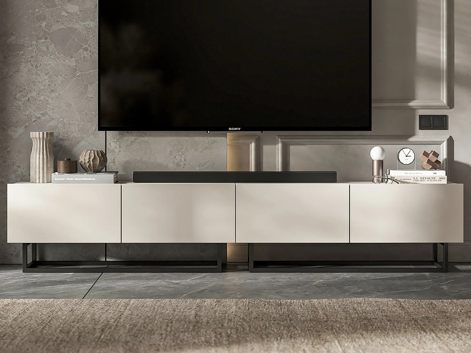 Móvel de TV com 4 portas - corpo Caxemira fosco, frentes Caxemira fosco - 240 cm, estrutura em metal preto