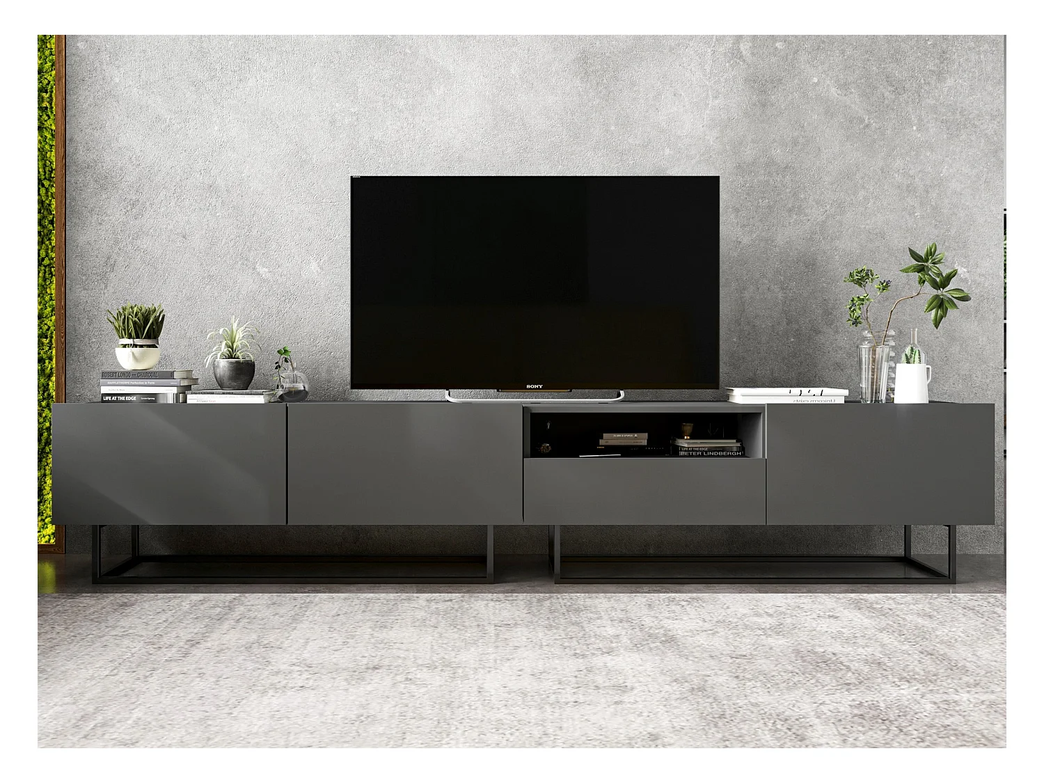 Meuble TV avec 3 portes et niche, tiroir - corps Graphite mat, façades Graphite mat - 240 cm, Cadre en métal noir