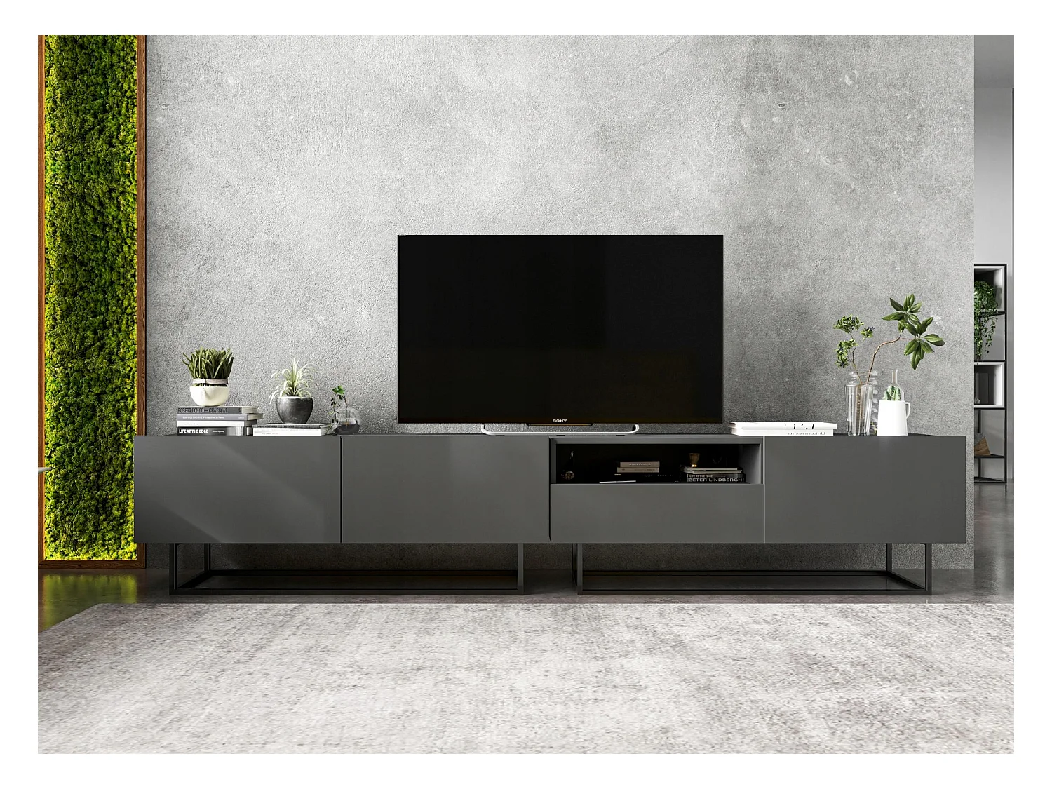Meuble TV avec 3 portes et niche, tiroir - corps Graphite mat, façades Graphite mat - 240 cm, Cadre en métal noir