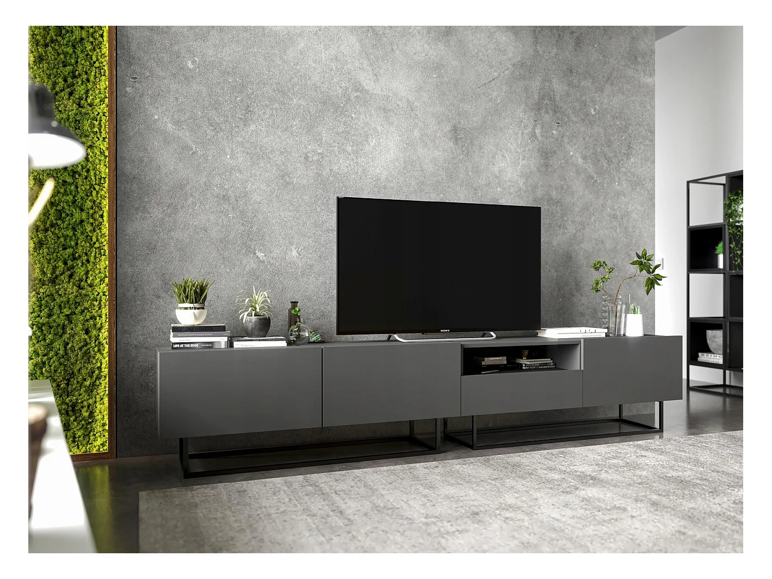 Meuble TV avec 3 portes et niche, tiroir - corps Graphite mat, façades Graphite mat - 240 cm, Cadre en métal noir
