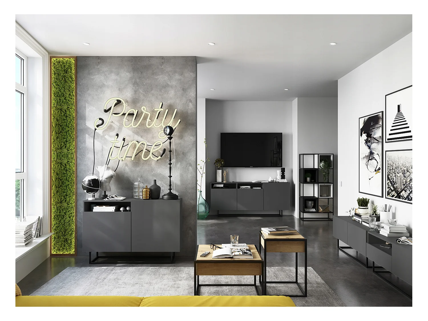 Meuble TV avec 3 portes et niche, tiroir - corps Graphite mat, façades Graphite mat - 240 cm, Cadre en métal noir