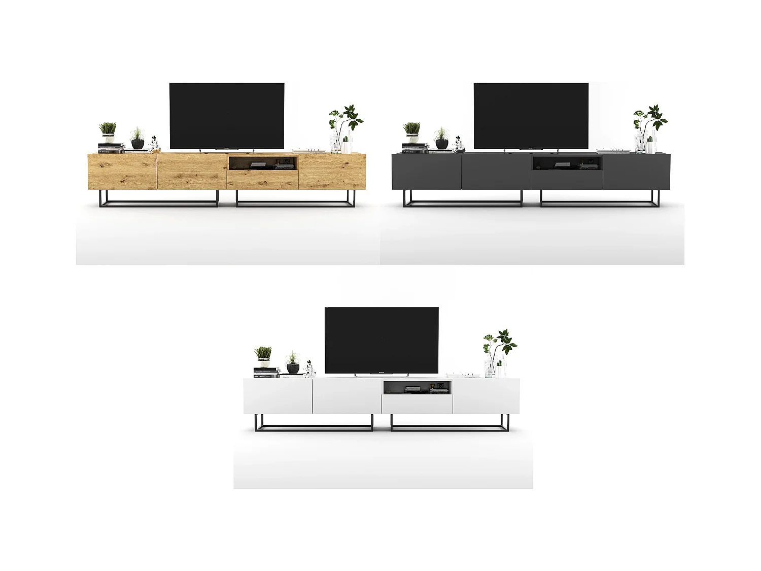 Meuble TV avec 3 portes et niche, tiroir - corps Graphite mat, façades Graphite mat - 240 cm, Cadre en métal noir