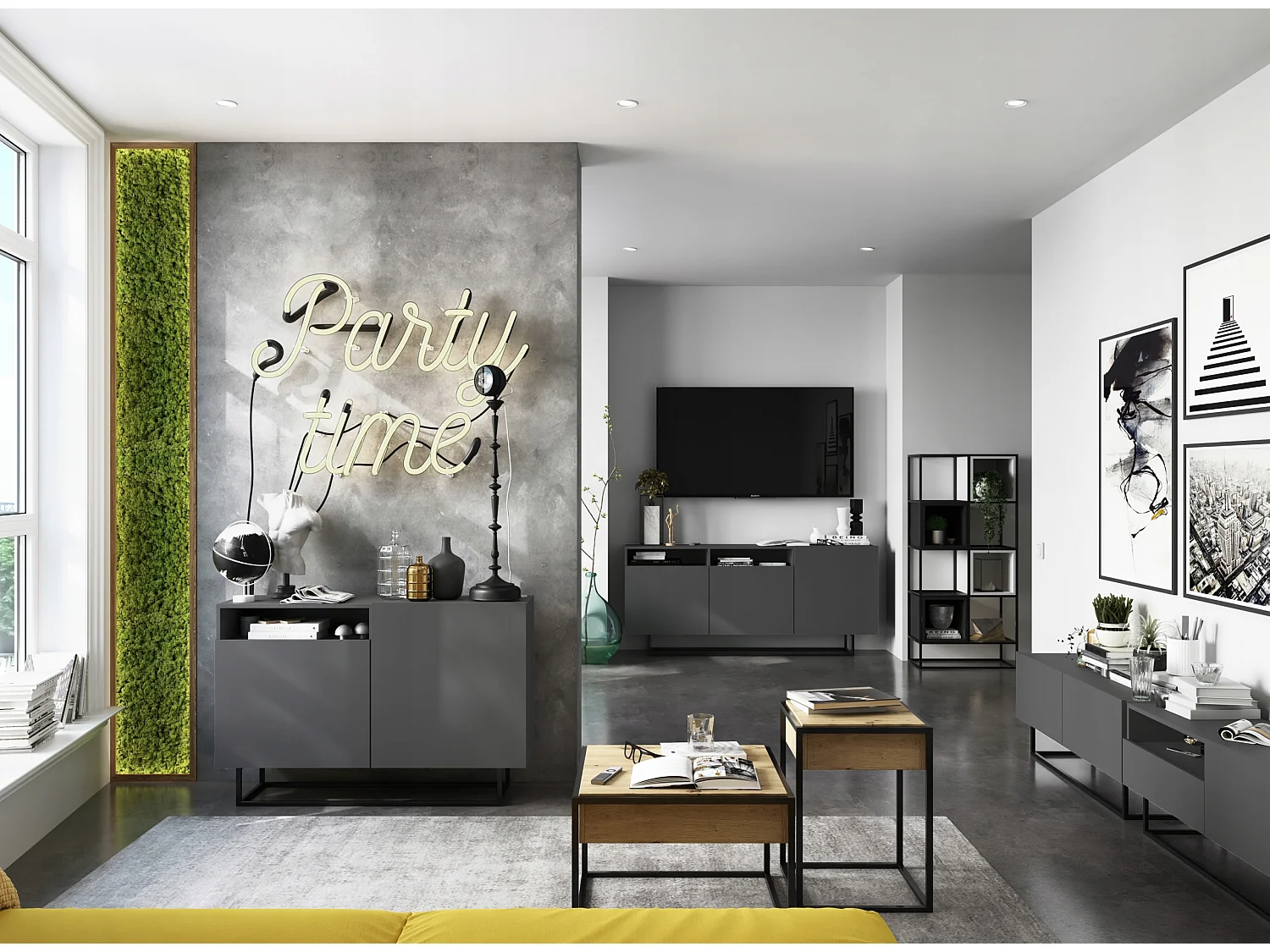 Meuble TV avec 3 portes et niche, tiroir - corps Graphite mat, façades Graphite mat - 240 cm, Cadre en métal noir