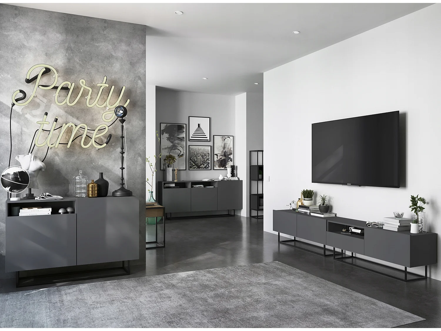 Meuble TV avec 3 portes et niche, tiroir - corps Graphite mat, façades Graphite mat - 240 cm, Cadre en métal noir