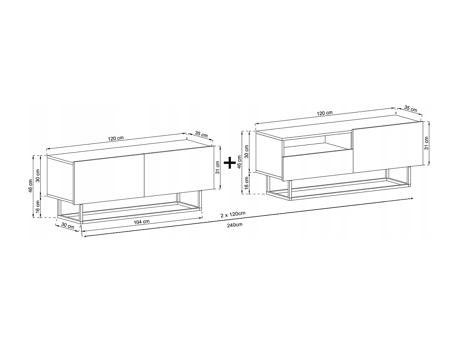 Meuble TV avec 3 portes et niche, tiroir - corps Graphite mat, façades Graphite mat - 240 cm, Cadre en métal noir