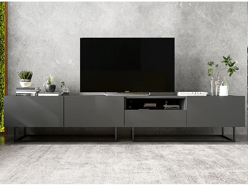 Meuble TV avec 3 portes et niche, tiroir - corps Graphite mat, façades Graphite mat - 240 cm, Cadre en métal noir