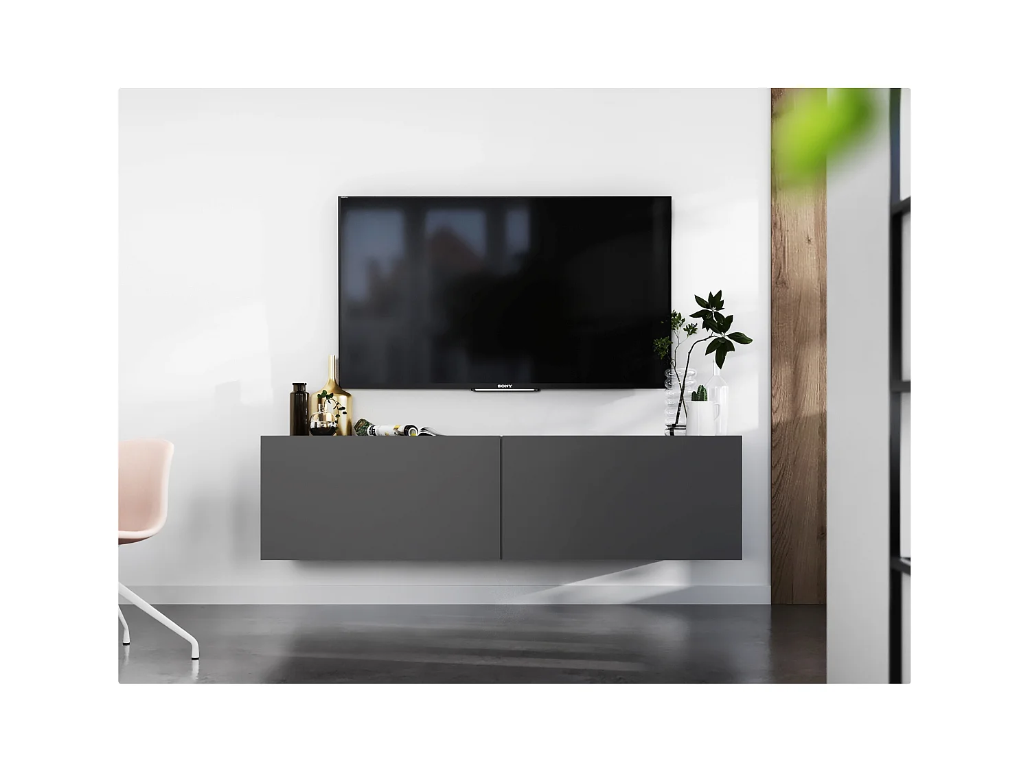 Meuble TV suspendu avec 2 portes - corps Graphite mat, façades Graphite mat - 120 cm
