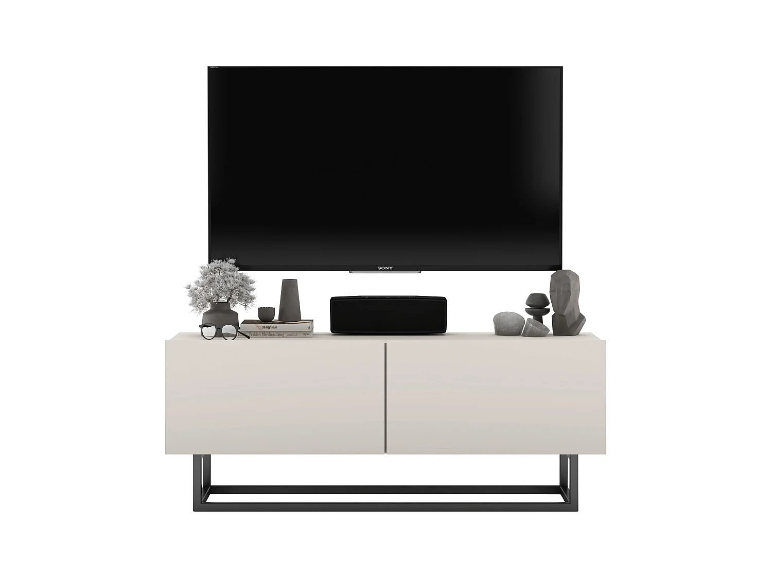 Meuble TV avec 2 portes - corps Cachemire mat, façades Cachemire mat - 120 cm, Cadre en métal noir