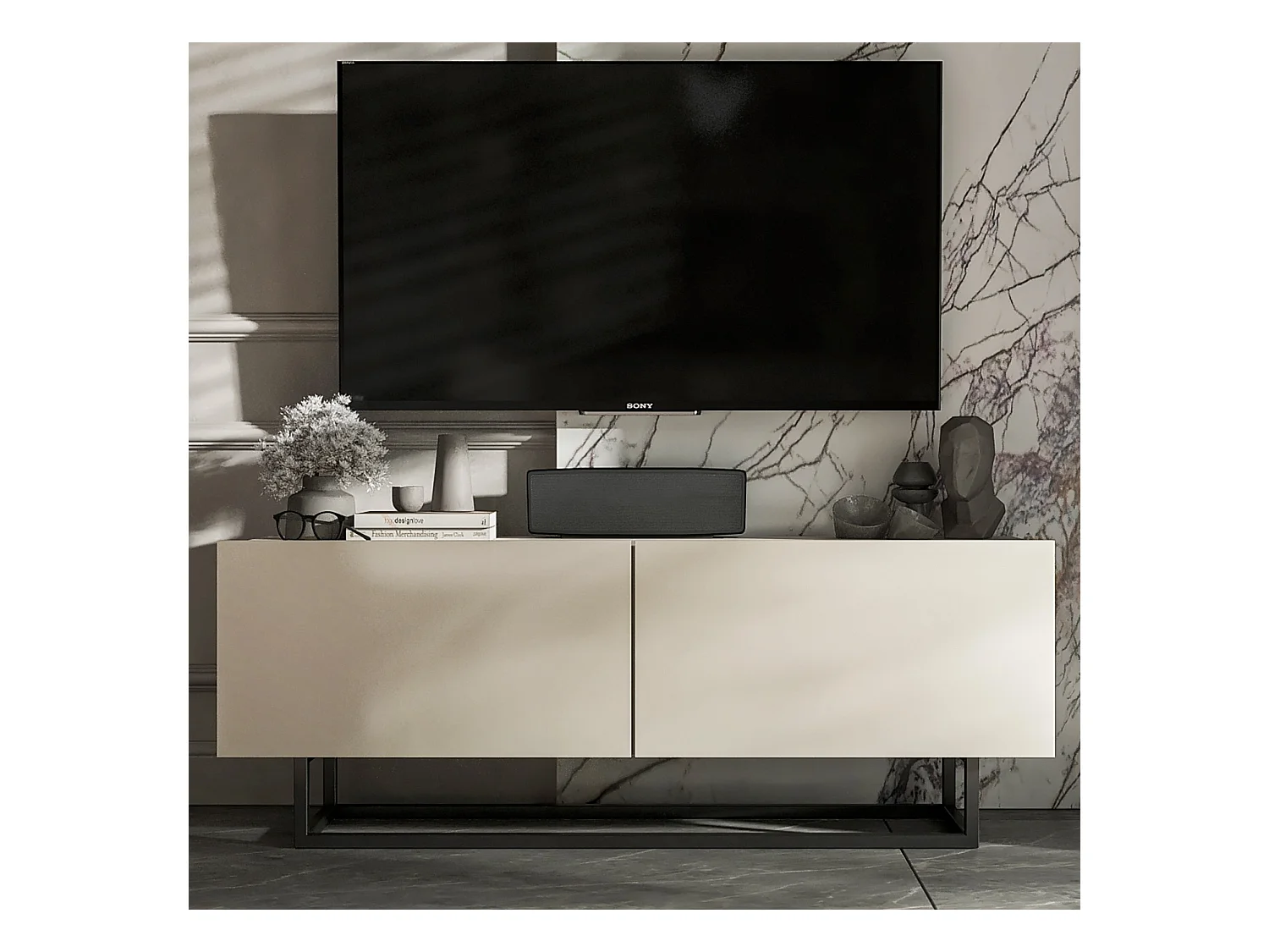 Meuble TV avec 2 portes - corps Cachemire mat, façades Cachemire mat - 120 cm, Cadre en métal noir