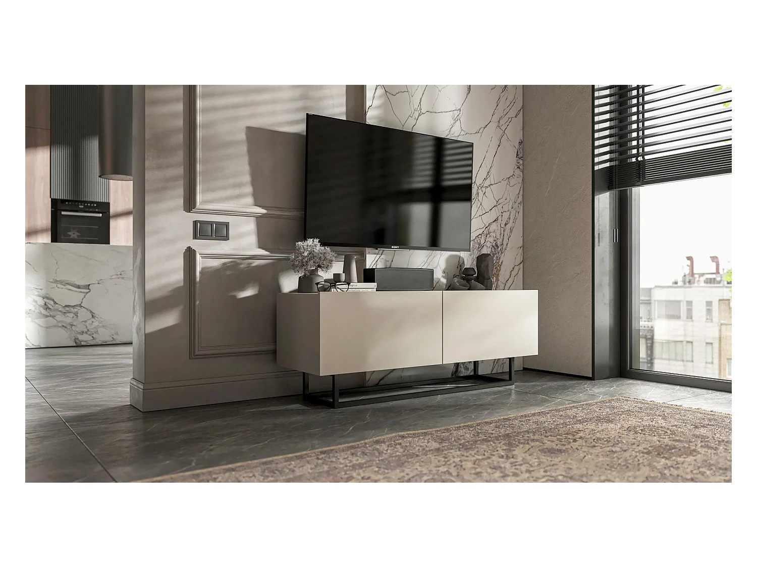 Meuble TV avec 2 portes - corps Cachemire mat, façades Cachemire mat - 120 cm, Cadre en métal noir