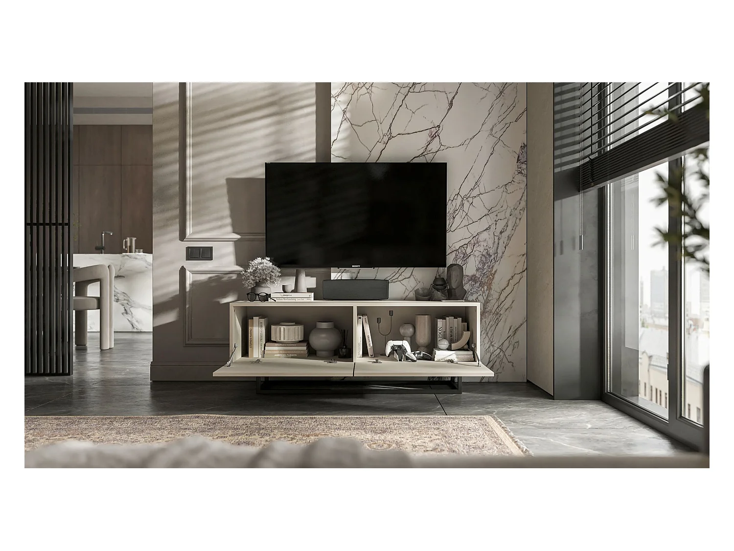 Meuble TV avec 2 portes - corps Cachemire mat, façades Cachemire mat - 120 cm, Cadre en métal noir