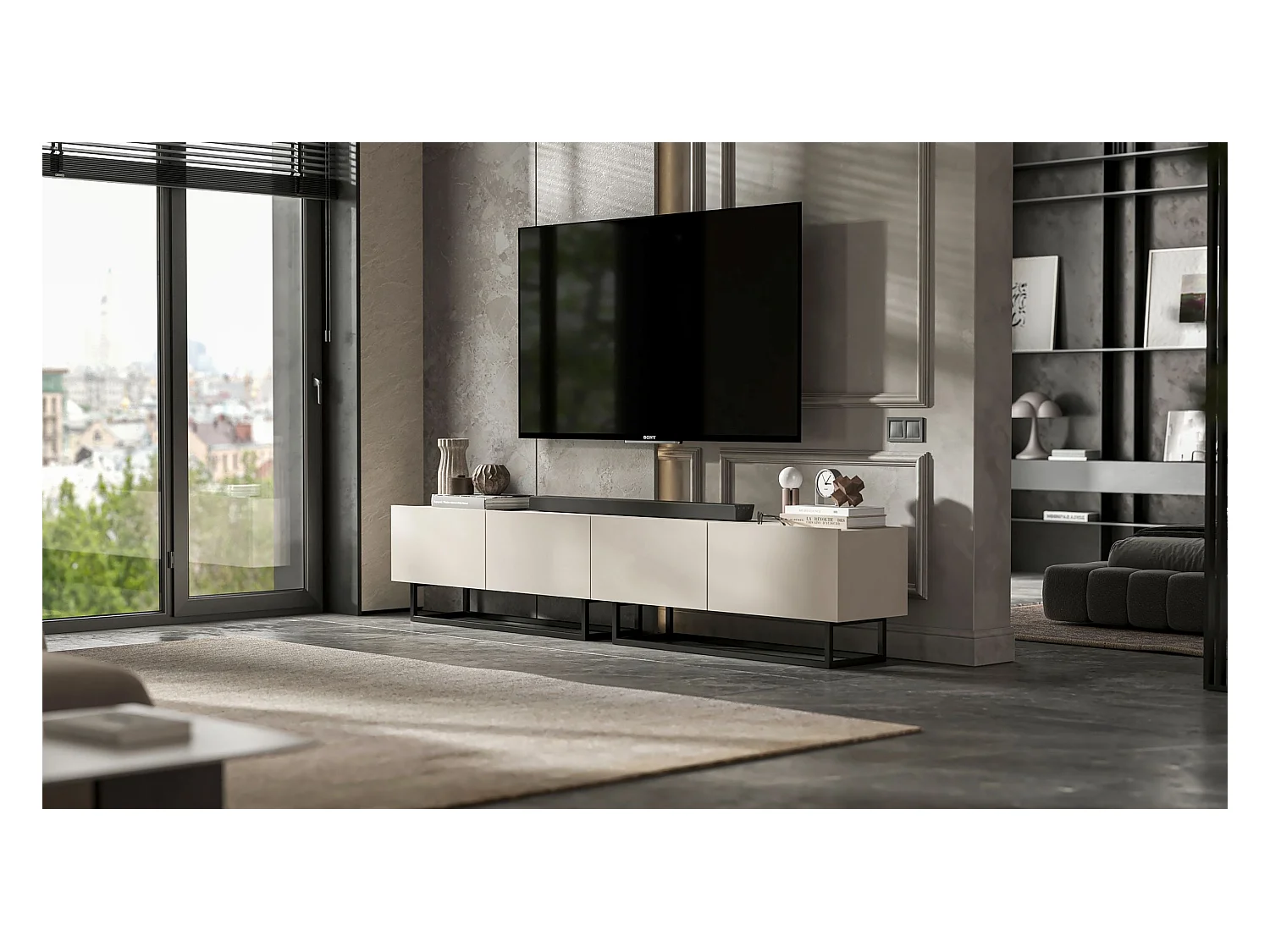 Meuble TV avec 2 portes - corps Cachemire mat, façades Cachemire mat - 120 cm, Cadre en métal noir