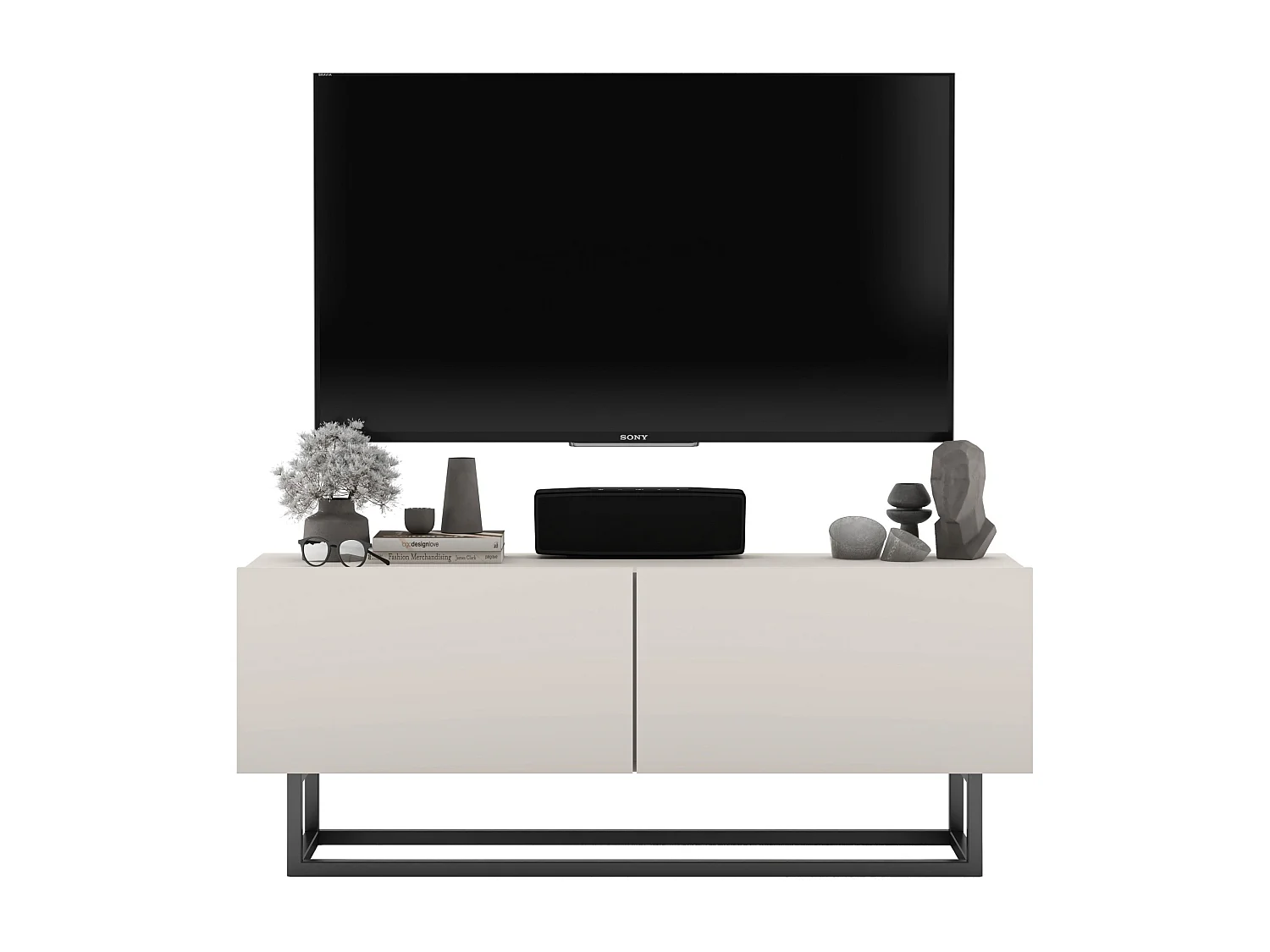 Meuble TV avec 2 portes - corps Cachemire mat, façades Cachemire mat - 120 cm, Cadre en métal noir