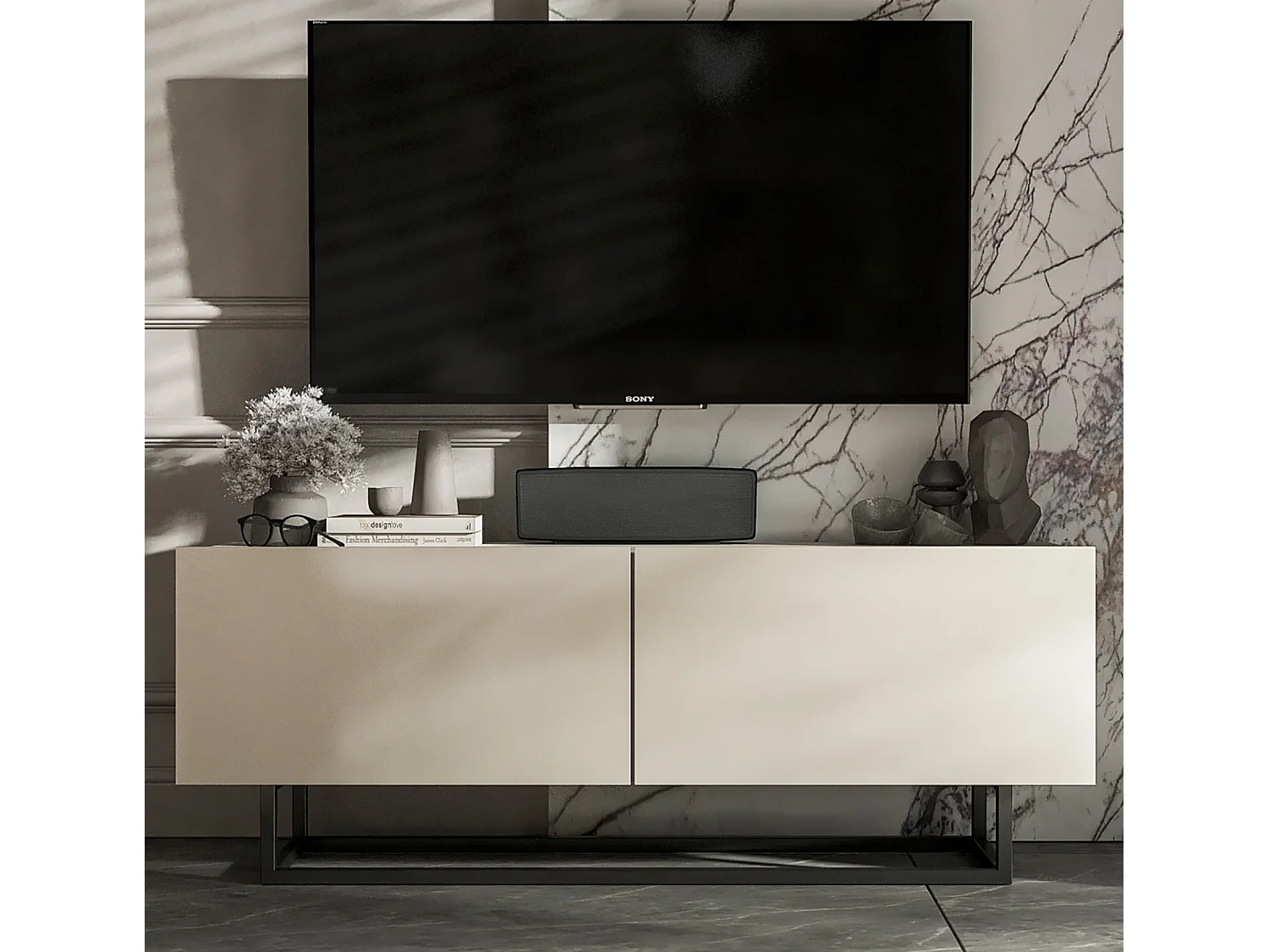 Meuble TV avec 2 portes - corps Cachemire mat, façades Cachemire mat - 120 cm, Cadre en métal noir