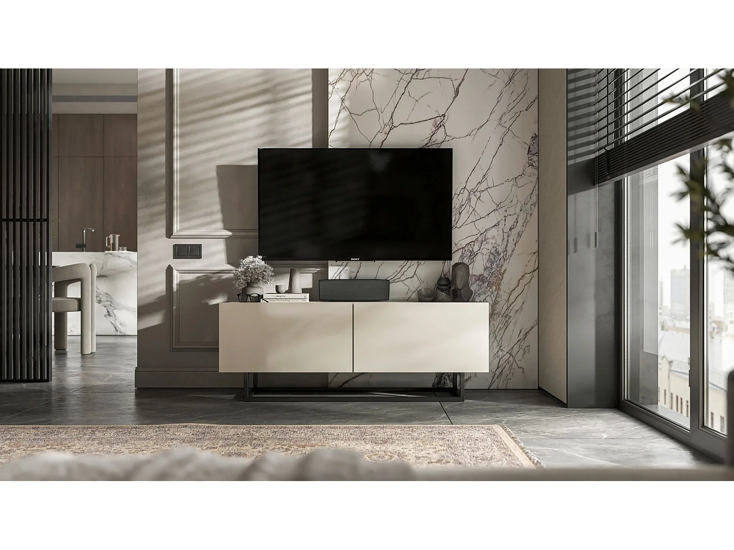 Meuble TV avec 2 portes - corps Cachemire mat, façades Cachemire mat - 120 cm, Cadre en métal noir