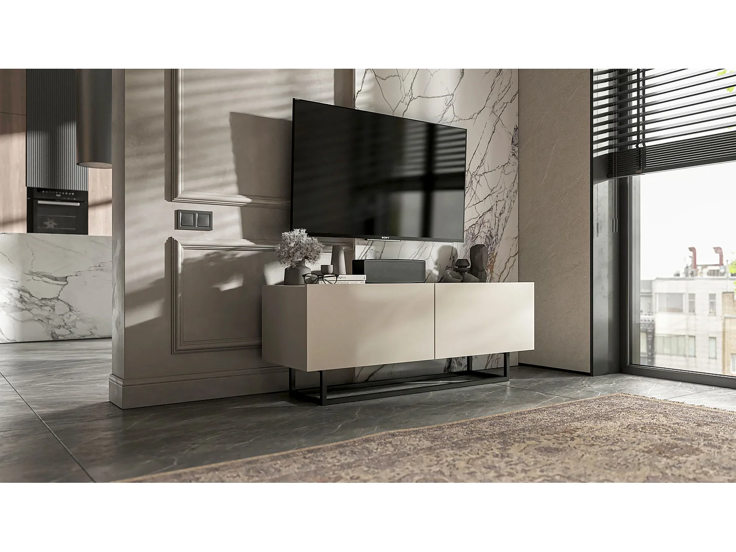 Meuble TV avec 2 portes - corps Cachemire mat, façades Cachemire mat - 120 cm, Cadre en métal noir