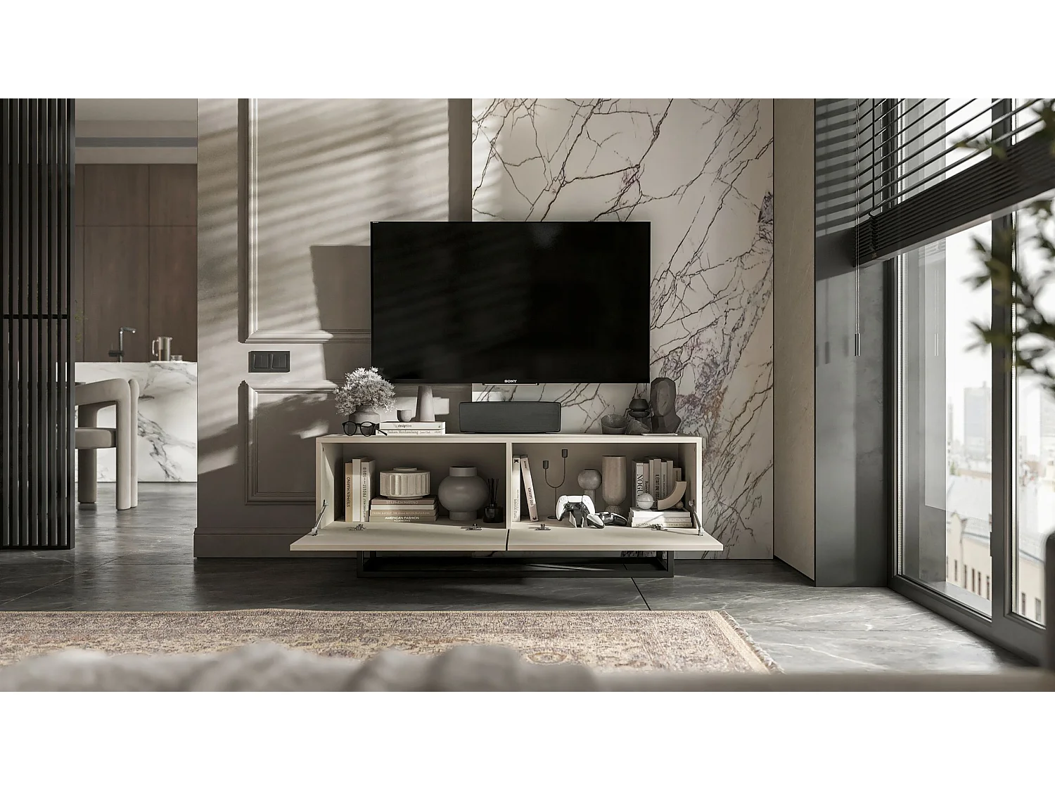 Meuble TV avec 2 portes - corps Cachemire mat, façades Cachemire mat - 120 cm, Cadre en métal noir