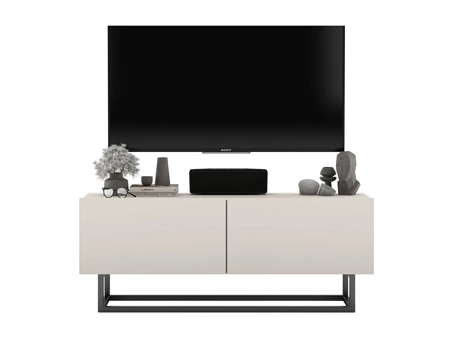 Móvel de TV com 2 portas - корпус caxemira mate, frentes caxemira mate - 120 cm, estrutura metálica preta