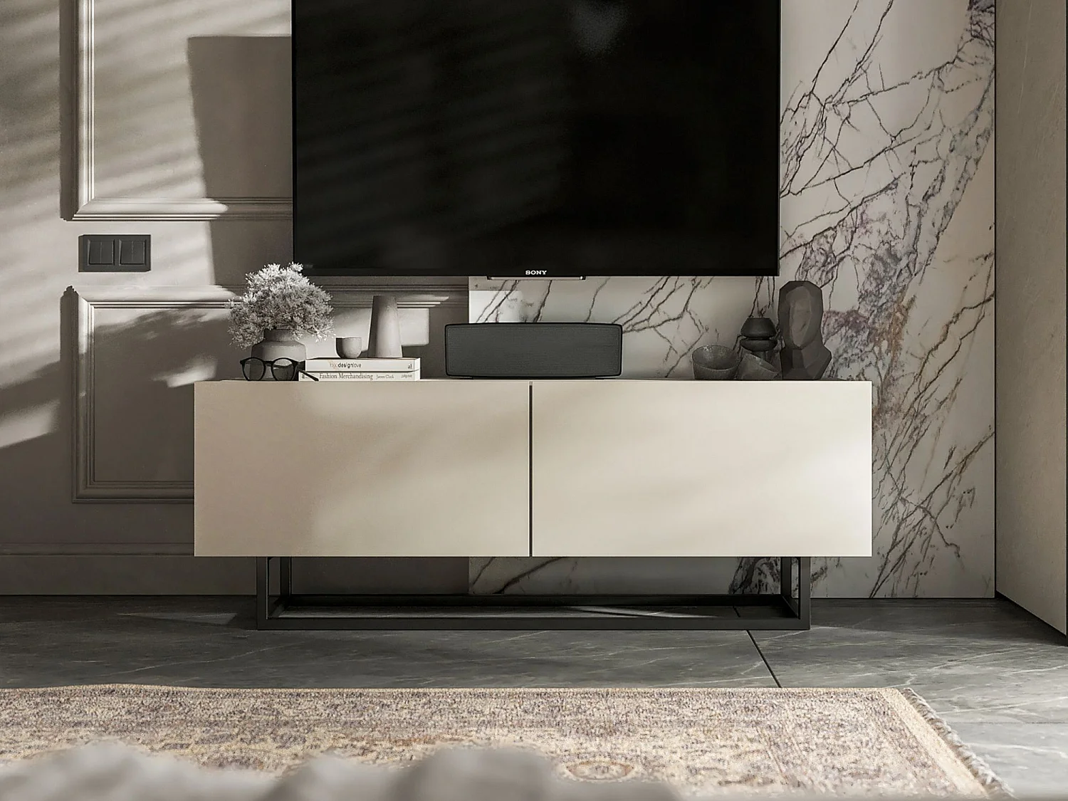 Móvel de TV com 2 portas - корпус caxemira mate, frentes caxemira mate - 120 cm, estrutura metálica preta