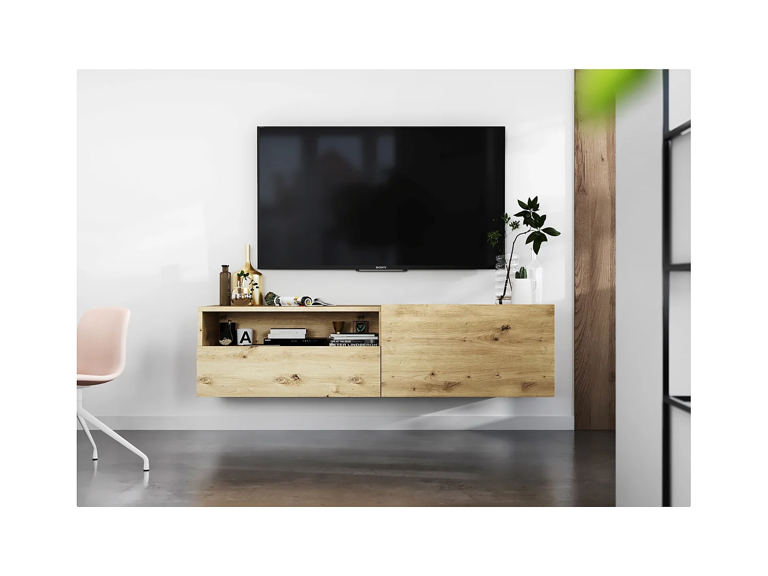 Meuble TV suspendu avec 1 portes et niche, tiroir - corps Chêne artisanal mat, façades Chêne artisanal mat - 120 cm