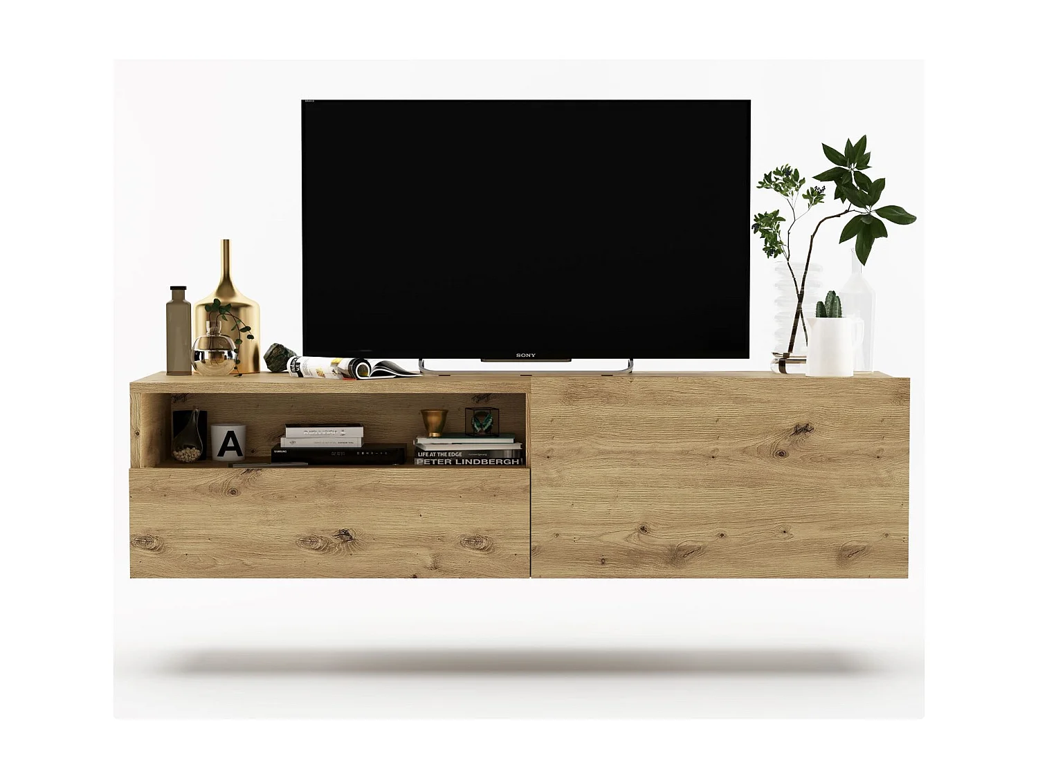 Meuble TV suspendu avec 1 portes et niche, tiroir - corps Chêne artisanal mat, façades Chêne artisanal mat - 120 cm