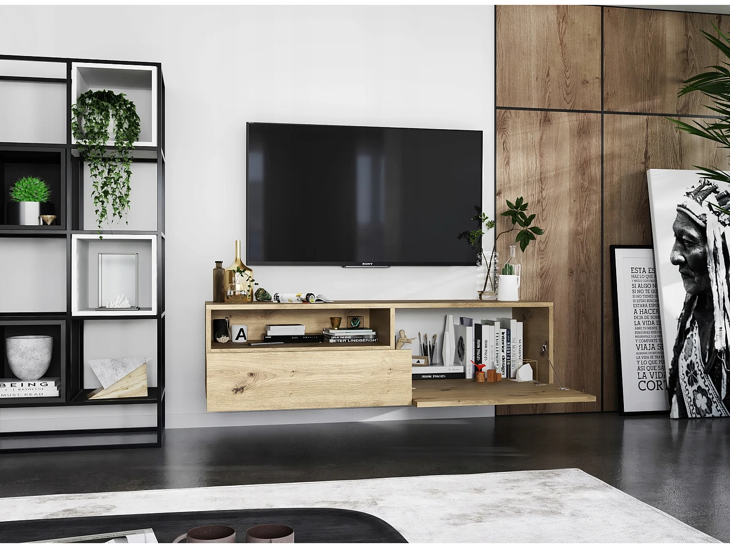 Meuble TV suspendu avec 1 portes et niche, tiroir - corps Chêne artisanal mat, façades Chêne artisanal mat - 120 cm