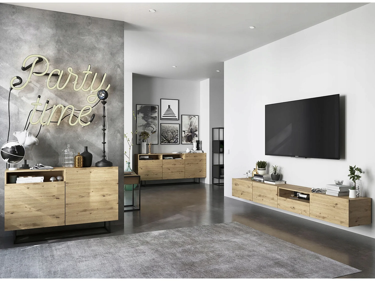 Meuble TV suspendu avec 1 portes et niche, tiroir - corps Chêne artisanal mat, façades Chêne artisanal mat - 120 cm