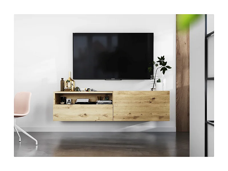 Meuble TV suspendu avec 1 portes et niche, tiroir - corps Chêne artisanal mat, façades Chêne artisanal mat - 120 cm