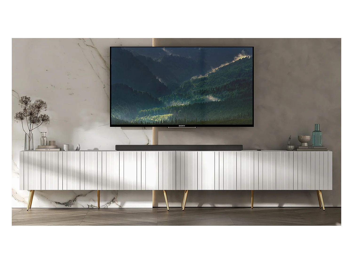 Meuble TV avec 8 portes - Corps blanc mat, façades rainurées blanc mat - 300 cm, pieds dorés