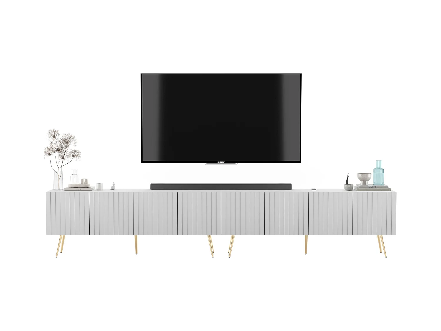 Meuble TV avec 8 portes - Corps blanc mat, façades rainurées blanc mat - 300 cm, pieds dorés