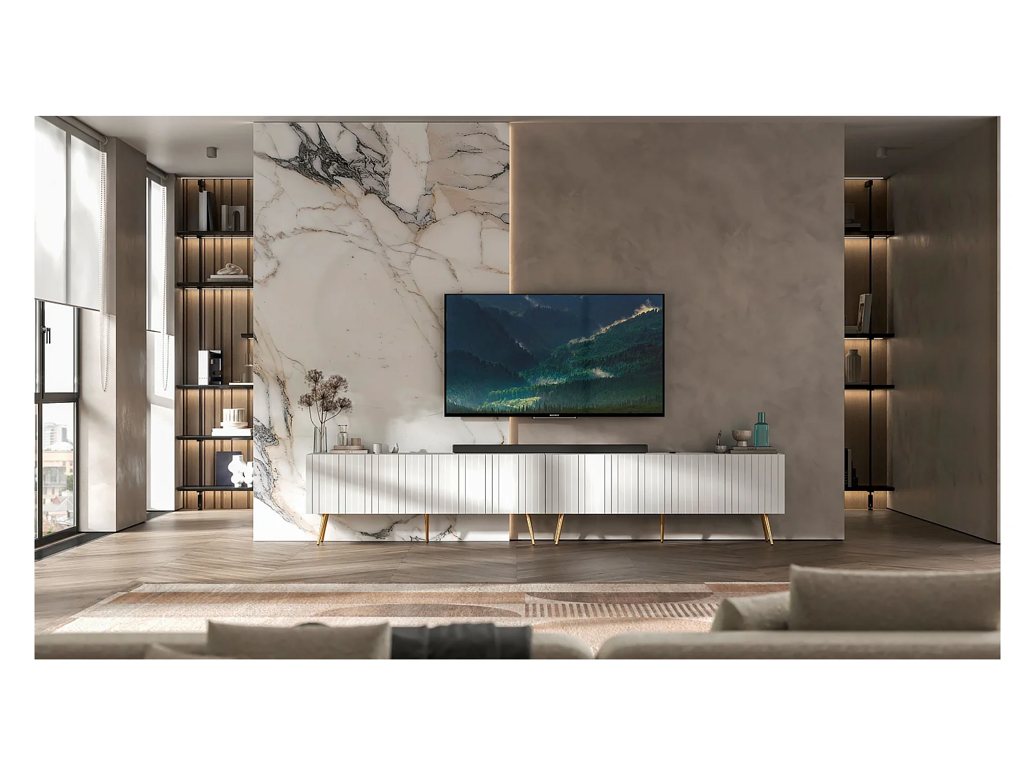 Meuble TV avec 8 portes - Corps blanc mat, façades rainurées blanc mat - 300 cm, pieds dorés