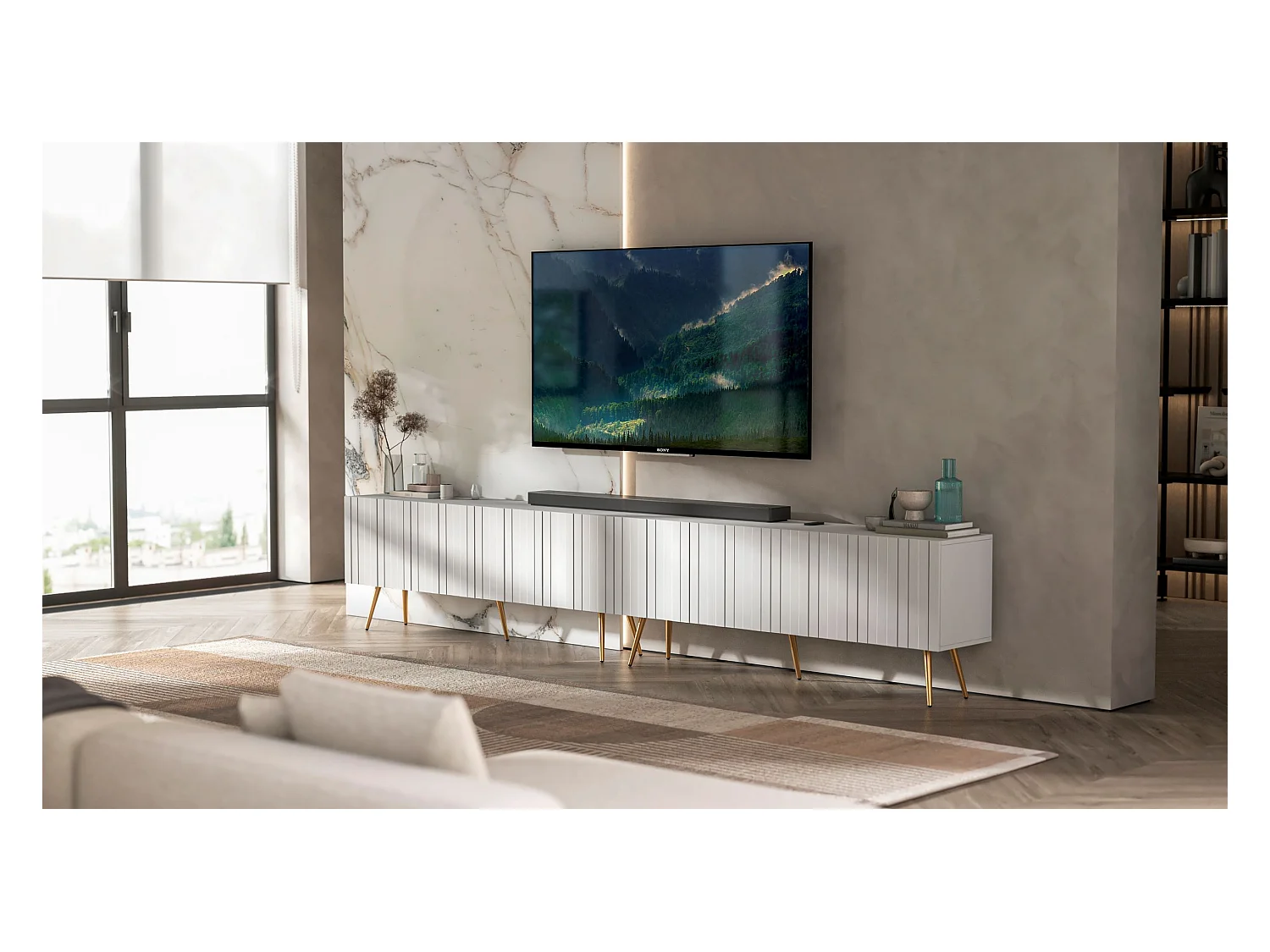 Meuble TV avec 8 portes - Corps blanc mat, façades rainurées blanc mat - 300 cm, pieds dorés