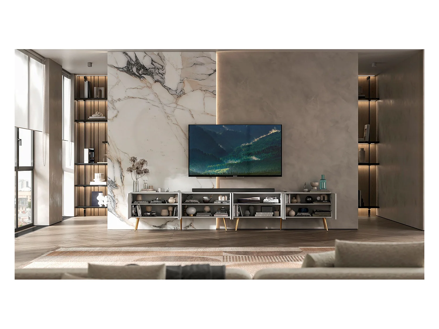 Meuble TV avec 8 portes - Corps blanc mat, façades rainurées blanc mat - 300 cm, pieds dorés