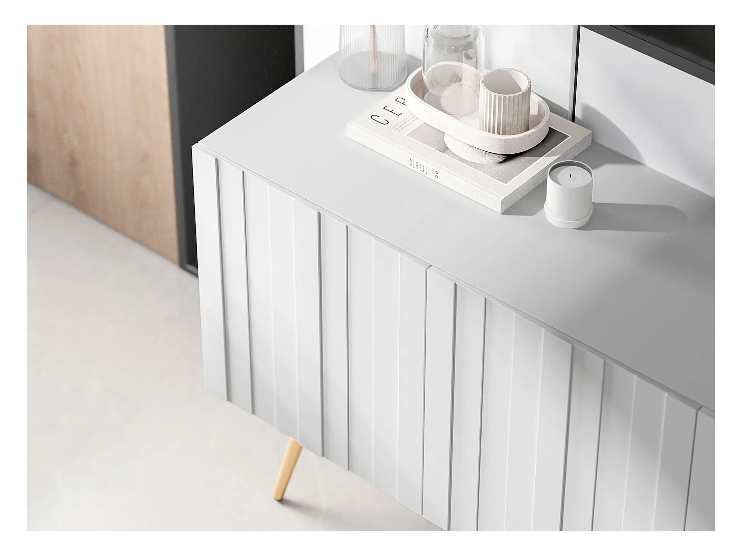 Meuble TV avec 8 portes - Corps blanc mat, façades rainurées blanc mat - 300 cm, pieds dorés