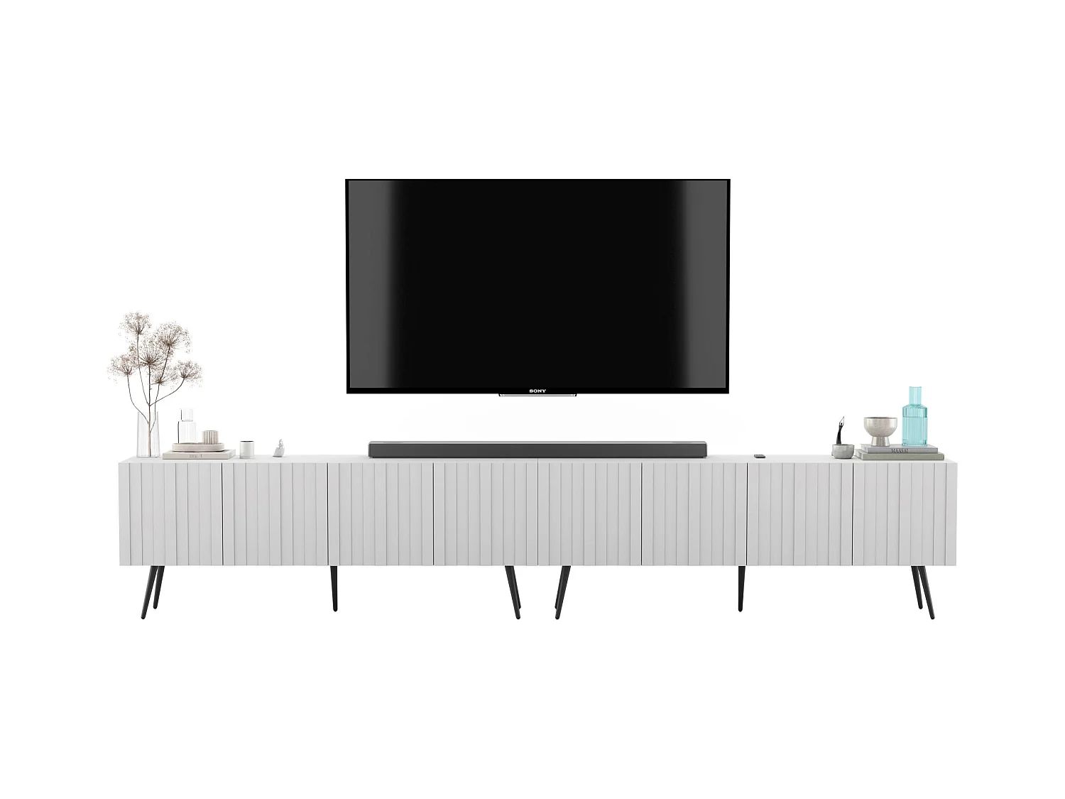 Meuble TV avec 8 portes - Corps blanc mat, façades rainurées blanc mat - 300 cm, pieds dorés