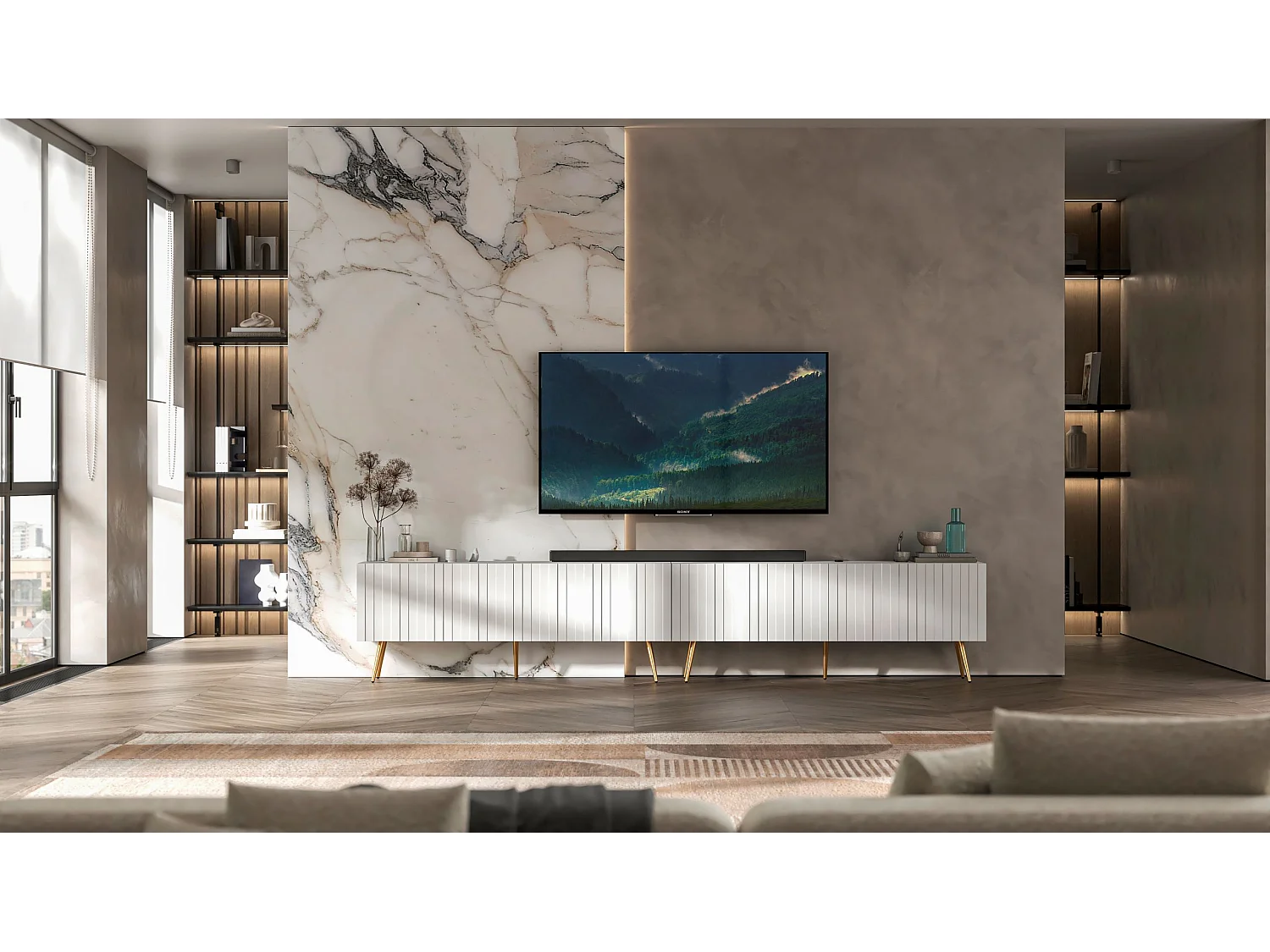 Meuble TV avec 8 portes - Corps blanc mat, façades rainurées blanc mat - 300 cm, pieds dorés