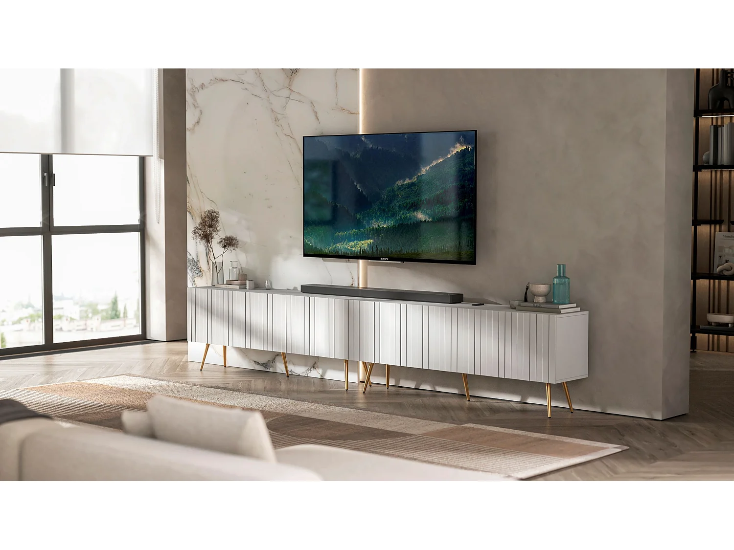 Meuble TV avec 8 portes - Corps blanc mat, façades rainurées blanc mat - 300 cm, pieds dorés