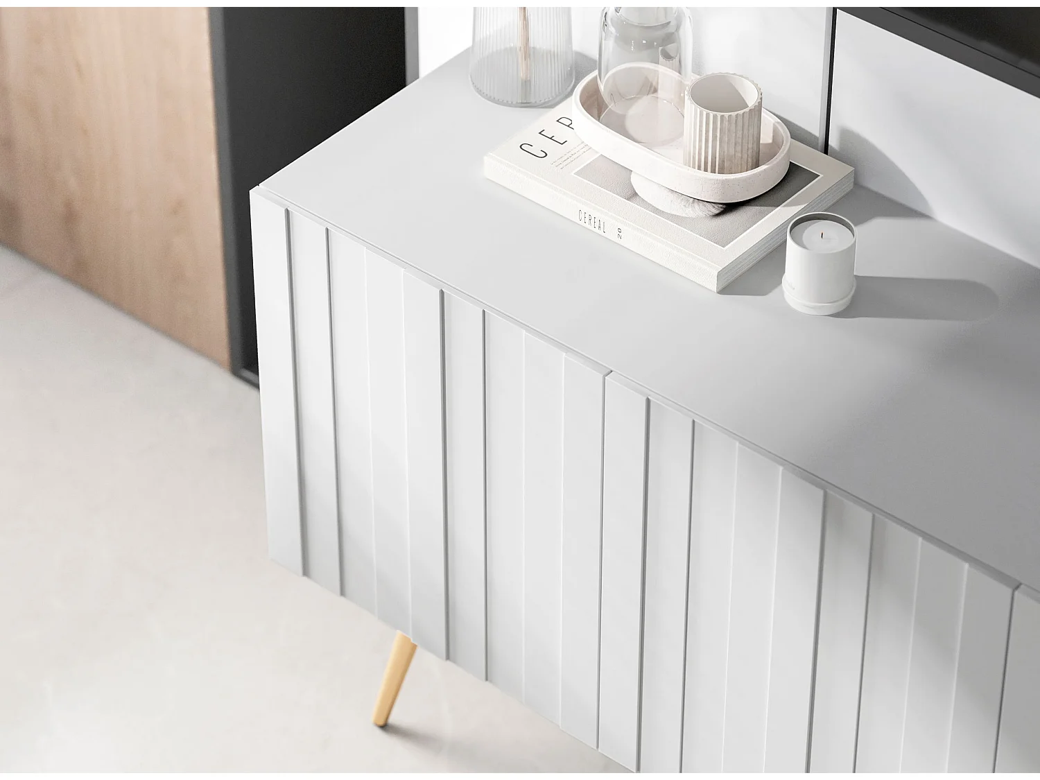 Meuble TV avec 8 portes - Corps blanc mat, façades rainurées blanc mat - 300 cm, pieds dorés