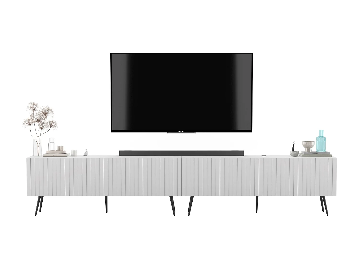 Meuble TV avec 8 portes - Corps blanc mat, façades rainurées blanc mat - 300 cm, pieds dorés